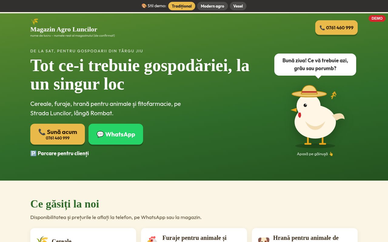 Captură de pe demo-ul Magazin Agro Luncilor