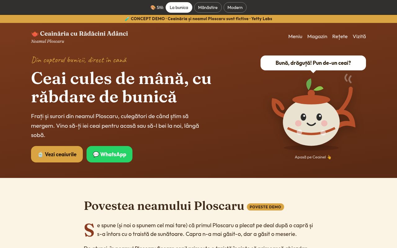 Captură de pe conceptul Ceainăria cu Rădăcini Adânci