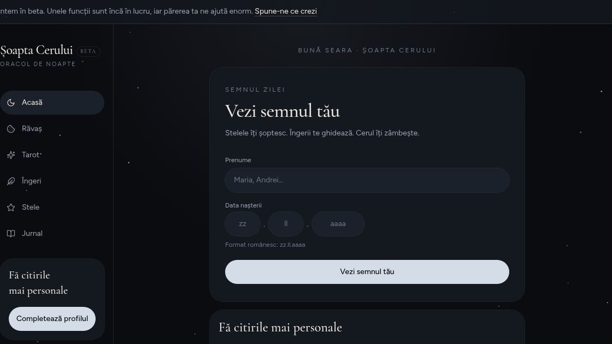 Captură de pe Șoapta Cerului, beta